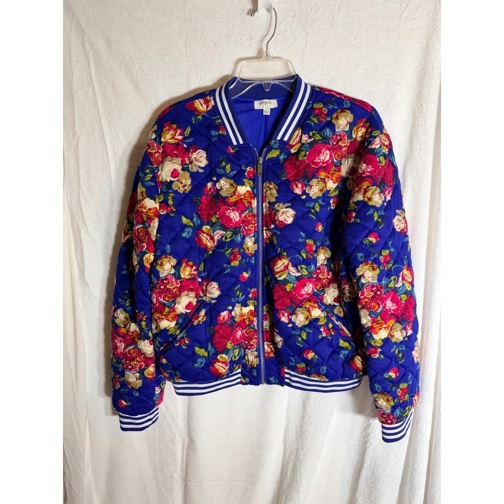 Umgee Floral Quilted Bomber Jacket Royal Blue Rose Print Striped Trim Large